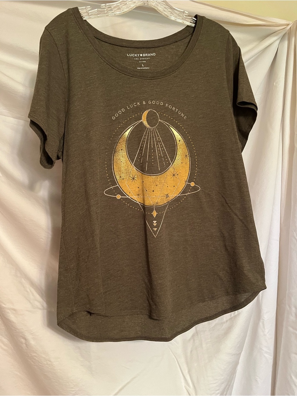 Lucky Brand Olive Green Short Sleeve Tee with Yellow Celestial Graphic
